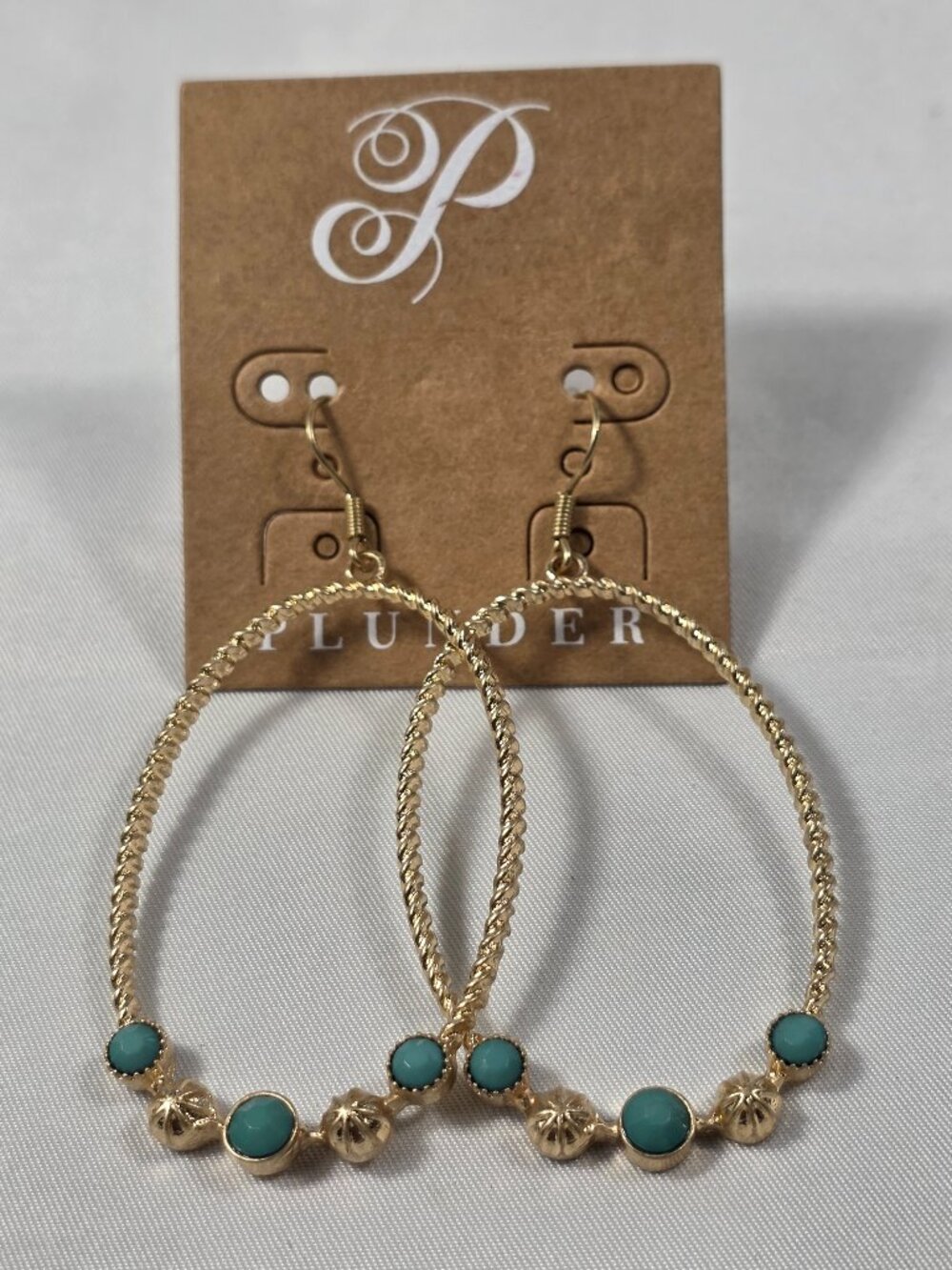 Plunder "Cara" Gold Tone Oval Hoop Earrings Twisted Wire Turquoise & Gold Beads